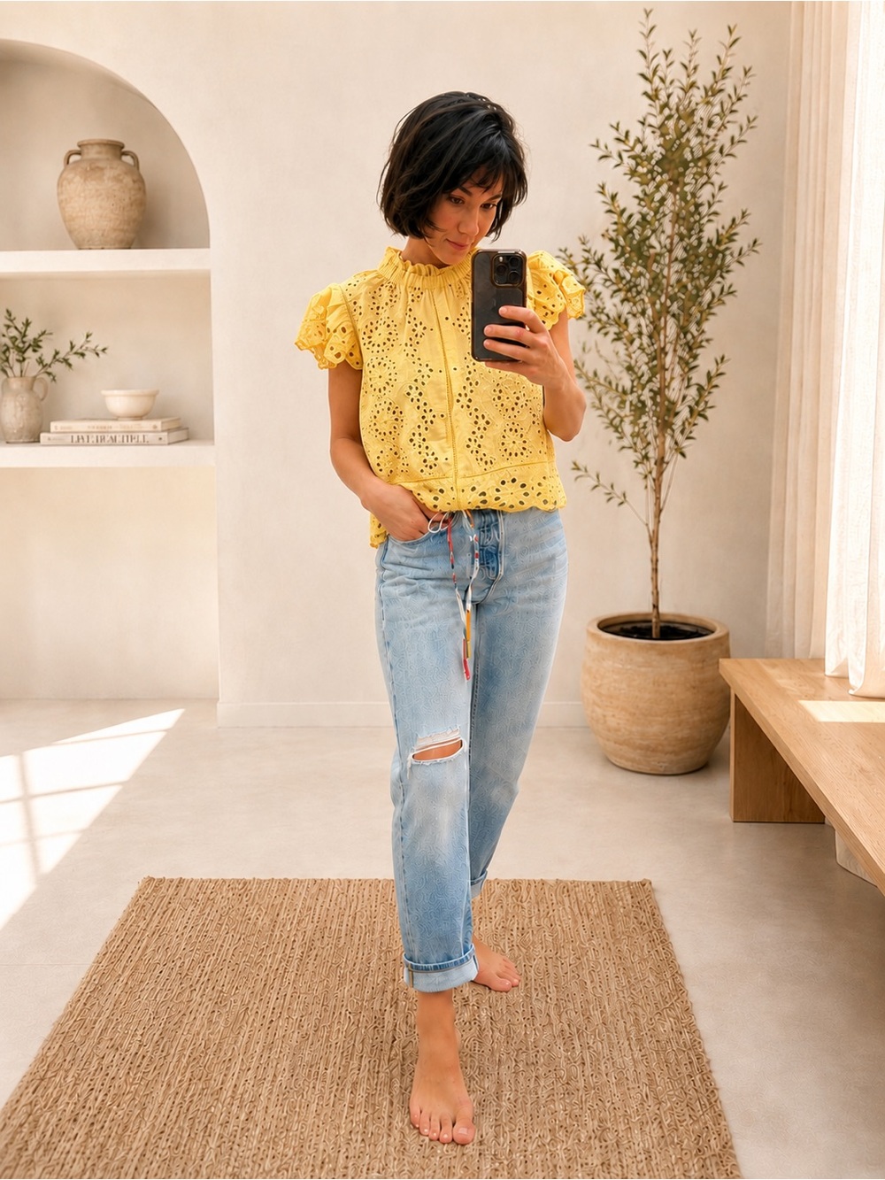 Eyelet Ruffle-Sleeve Blouse in Yellow